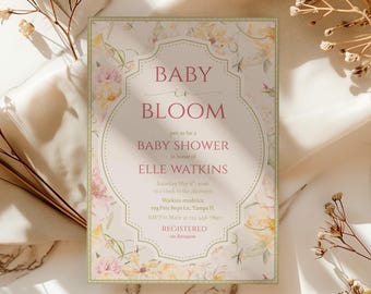 Luxurious Vintage Baby in Bloom Floral Baby Shower Invite, Editable Invitation, DIY Canva Template