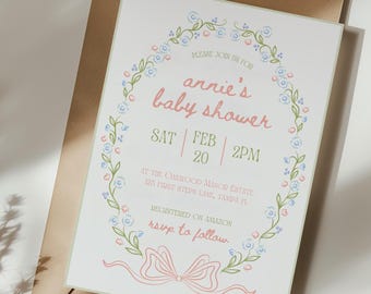 Simple Round Vintage Baby Shower Invitation, Digital Download, DIY Editable Template, Canva, Floral & Bow