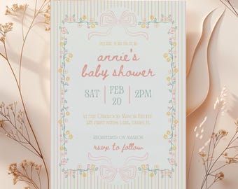 Striped Floral Vintage Baby Shower Invitation, Digital Download, DIY Editable Template, Dainty Bow