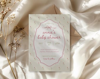 Vintage Minimal Dainty Floral Baby Shower Invitation, Digital Template, DIY Canva Editable Invite