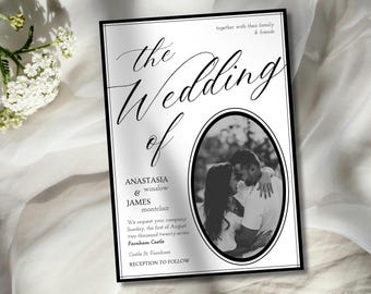 Elegant Noir Black and White Wedding Invitation Card, Classic Timeless Design (Canva Template)