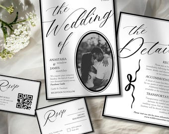 Elegant Noir Black and White Wedding Invitation Set (Canva Template)