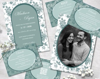 Sage Green Botanical Wedding Invitation Set, Elegant Floral (DIY Canva Template)