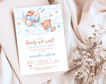 Dusty Blue We Can Bearly Wait Baby Shower Invitation Baby Boy Sprinkle Editable Digital Template