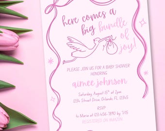 Simple Editable Pink Bow Shower Invitation Stork Baby Sprinkle Invite Downloadable Canva Digital Template