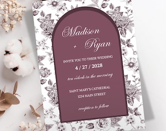 Burgundy Floral Wedding Invitation Card, DIY Canva Template