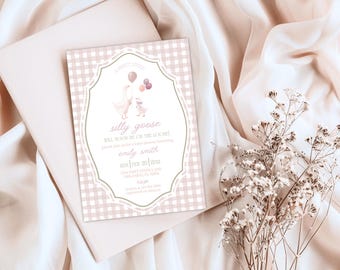 Pink Gingham Silly Goose Baby Sprinkle Invitation Digital Template DIY Canva Editable Invite