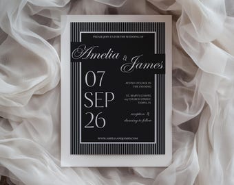 Vintage Black and White Stripe Wedding Invitation Template (Editable Canva)
