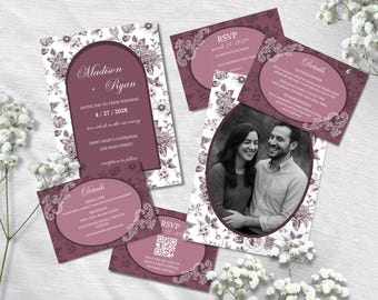 Burgundy Floral Wedding Invitation Set, Elegant DIY Template (Canva)