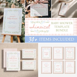Könnte beinhalten: Ein Babyparty-Vorlagenpaket mit einem skurrilen Design. Das Paket enthält Einladungen, Schilder und Karten mit floralen und Schleifenakzenten. Der Text enthält "annie's baby shower", "books for baby" und "diaper raffle". Das Paket enthält über 30 Artikel.