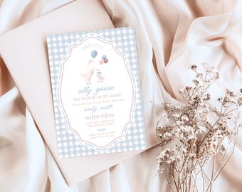 Blue Gingham Boy Silly Goose Baby Sprinkle Invitation Digital Template DIY Canva Editable Invite