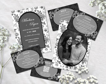 Black & White Floral Wedding Invitation Set, DIY Canva Template