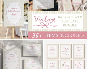 Vintage Minimal Dainty Baby Shower Invitations Girl Bundle, Digital Template, DIY Canva Editable Invite