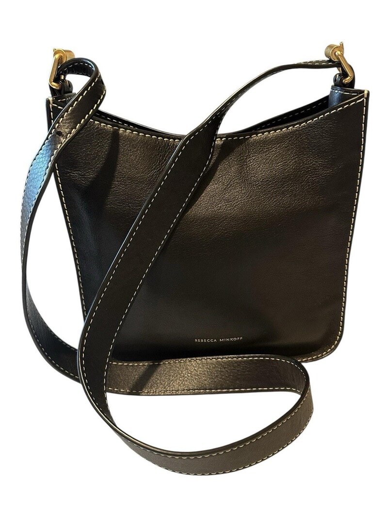 Rebecca Minkoff Megan Black Leather Saddle Crossbody Bag White Stitch Gold Tone image 3