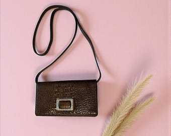 Brighton Croc Embossed Leather Crossbody Wallet Purse Brown Organizer