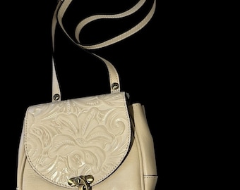 Patricia Nash Floral Tooled Leather Crossbody Saddle Bag Chalk Ivory