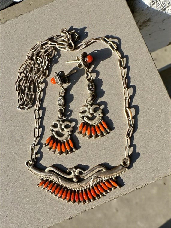 Zuni N Haskie Sterling Silver Red Coral Necklace Earrings Signed Set 8”