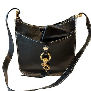 Rebecca Minkoff Megan Black Leather Saddle Crossbody Bag White Stitch Gold Tone image 2