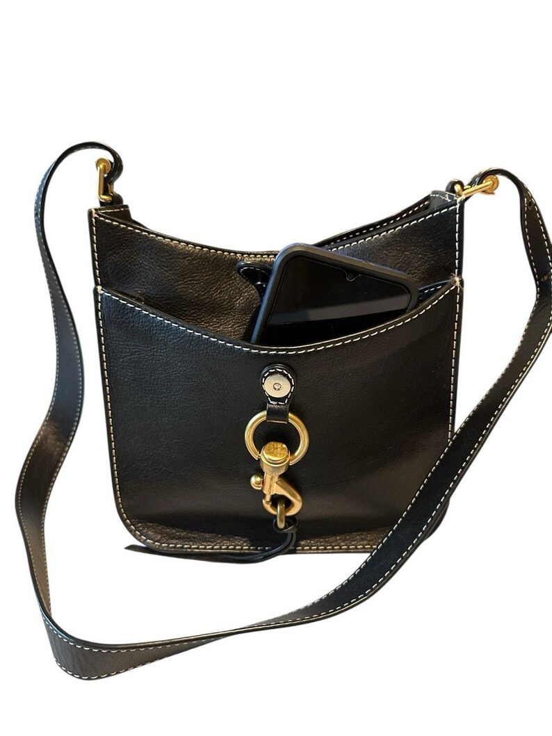 Rebecca Minkoff Megan Black Leather Saddle Crossbody Bag White Stitch Gold Tone image 2