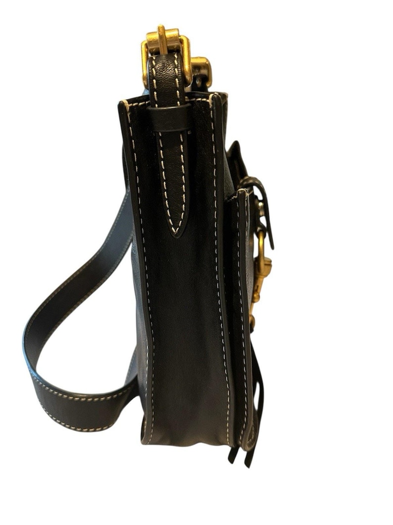 Rebecca Minkoff Megan Black Leather Saddle Crossbody Bag White Stitch Gold Tone image 6