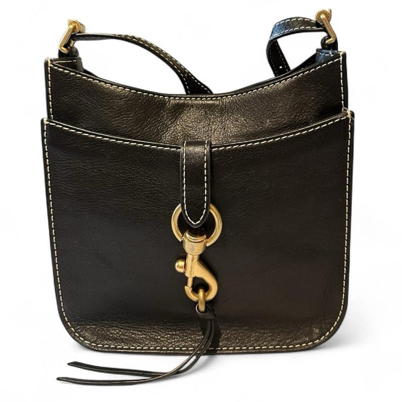 Rebecca Minkoff Megan Black Leather Saddle Crossbody Bag White Stitch Gold Tone image 1
