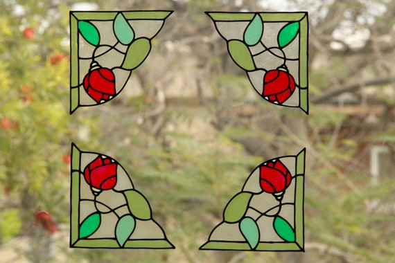 Red Rose Corners Window Decal Stained Glass Clings Etsy
