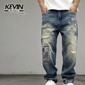 Herren-Jeans im Used-Look mit Patchwork-Muster | Lässige, lockere Passform | Vintage-Streetwear-Hose mit geradem Bein