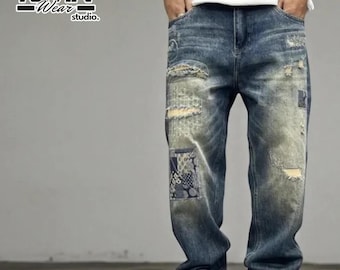 Men's Distressed Patchwork Jeans | Baggy Loose Fit Denim | Vintage Straight-Leg Streetwear Pants
