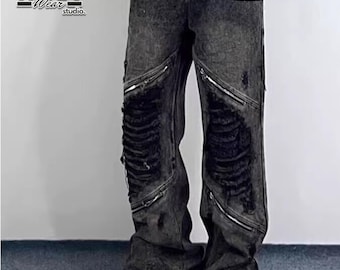 Zip Ripped Pants | Loose Straight Leg Jeans | Daily Wear | Retro Y2K Streetwear Style