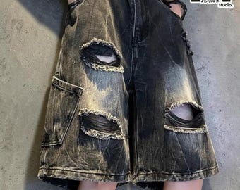 Gescheurde denimshort | Casual losvallende joggingbroek | Dagelijkse kleding | Y2K streetwear-stijl