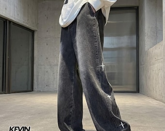 Pantalones vaqueros bordados con estrellas / Pantalones rectos de estilo retro / Para uso diario / Estilo streetwear Y2K