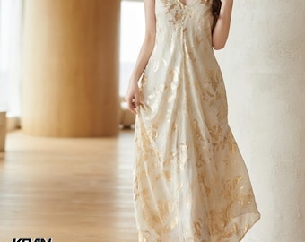 V Neck Dress | Pleated Shimmer Maxi Gown | Resort Wear | Soft Summer Style