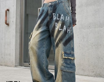 Wide Leg Jeans | Graffiti Cargo Pants | Loose Fit Style | Grunge Y2K Streetwear