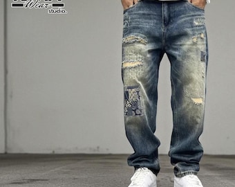 Men's Distressed Patchwork Jeans | Baggy Loose Fit Denim | Vintage Straight-Leg Streetwear Pants