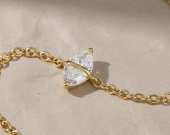 14K Solid Gold 0.31 CT Trillion Cut Lab Grown Diamond Chain Bracelet, Station Bracelet, Minimalist Dainty Chain & Link Bracelet Gift For Her