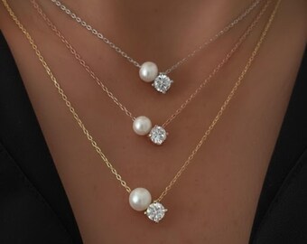 14k Gold Pearl Necklace, Pearl and Diamond Necklace, Classic Diamond Drop Charm Necklace, Toi et Moi Necklace, Bridal Necklace, Gift For Her