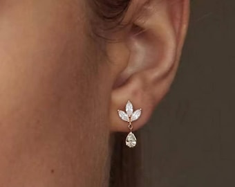 14K Solid Gold Marquise Diamond Drop Earrings, Dainty Dangle Earrings, Elegant Wedding Jewelry, Crown Stud, Earrings for Bride, Special Gift