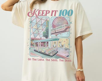 ヴィンテージ Keep It 100 On The Land The Seas The Skies シャツ、ディズニー ボート シーガル Tシャツ、ディズニー パークス with スペースシップ アース シャツ、ディズニー エプコット Tシャツ