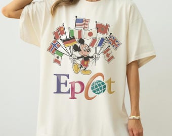 Koszulka Comfort Colors® Epcot z Myszką Miki i flagami narodów w stylu vintage z lat 90., koszulka unisex WDW, Disney Epcot World Tour, rodzinna wycieczka do Disneylandu