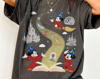 Koszulka retro Disney Uczeń Czarnoksiężnika Fantasia Mickey Sketch, koszulki rodzinne Disneyland, koszulka Disney Fantasmic Mickey Sorcerer