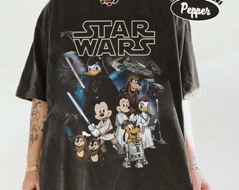 レトロなディズニースターウォーズシャツ、レトロなミッキーと仲間たちのジェダイシャツ、家族旅行の服装、SF漫画グラフィックTシャツ、ディズニーファンへのギフト