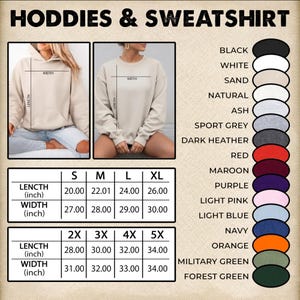 以下が含まれることがあります： 黒、白、ネイビーなど、さまざまな色のパーカーとスウェットシャツを示す画像。サイズチャートには、Sから5XLまでの長さと幅の測定値がcmで表示されています。「HODDIES & SWEATSHIRT」というテキストが上部にあります。