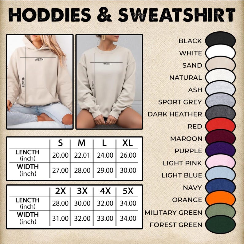 以下が含まれることがあります： 黒、白、ネイビーなど、さまざまな色のパーカーとスウェットシャツを示す画像。サイズチャートには、Sから5XLまでの長さと幅の測定値がcmで表示されています。「HODDIES & SWEATSHIRT」というテキストが上部にあります。