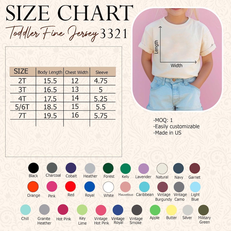 May include: A size chart for toddler fine jersey t-shirts, with measurements in inches for body length, chest width, and sleeve length. Includes a color palette with various options like black, pink, and navy. The chart also shows a child wearing a t-shirt.