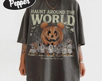 Koszulka z napisem „Retro Haunt Around The World” na Halloween, koszulka z napisem „Disney Epcot Halloween”, koszulka „To naprawdę nie jest takie straszne”, koszulka z motywem dyni „Myszka Miki i przyjaciele”