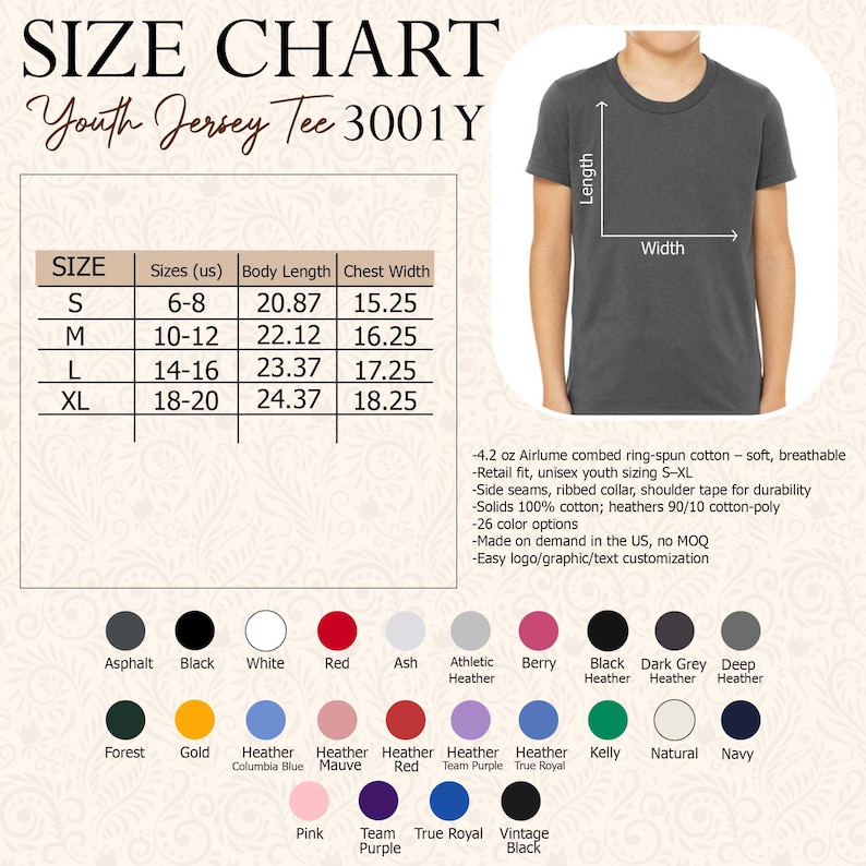 May include: Size chart for a youth jersey tee shirt, featuring measurements in inches for sizes S to XL. Includes a color palette with options like black, white, red, and heather. The shirt is made of soft, breathable cotton.