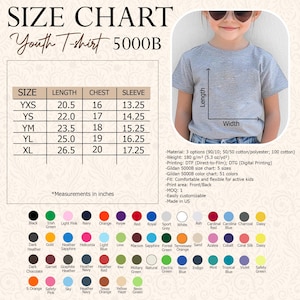 May include: Size chart for a youth t-shirt, featuring measurements in inches for sizes YXS to XL. Includes length, chest, and sleeve dimensions. The chart also lists available colors and material options. A young person models the t-shirt.