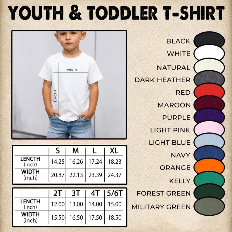 以下が含まれることがあります： サイズと色のオプションがある白い子供用Tシャツ。画像には、Tシャツを着ている子供が写っており、長さと幅の測定値はインチで表示されています。利用可能な色には、黒、白、ネイビーが含まれます。