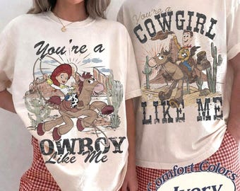 Koszulka „Toy Story Cowgirl Like Me”, koszulka z grafiką „Jessie Western”, koszulka „Woody Cowboy Like Me”, rodzinne wakacje Disneya, koszulka inspirowana filmem „Pixar”