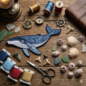 May include: A blue whale patch with intricate embroidery, surrounded by nautical-themed items like spools of thread, seashells, and a compass. The arrangement includes a vintage lantern and a logbook, creating a rustic, coastal aesthetic.